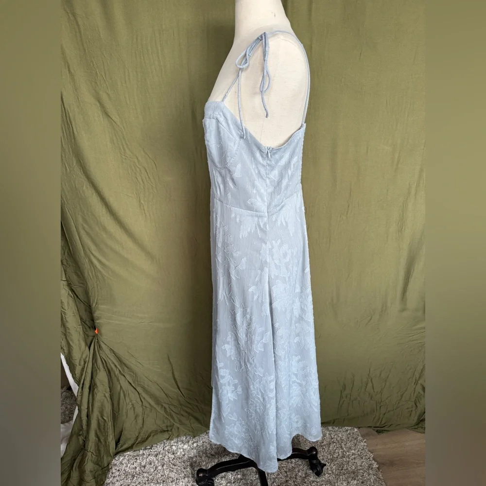 Lulu's Loveliest Looks Dusty Blue Floral Jacquard Tie-Strap Midi Dress - Picture 5 of 6
